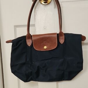 Longchamp Les Pliages Navy Nylon Shoulder Tote with Brown Trim